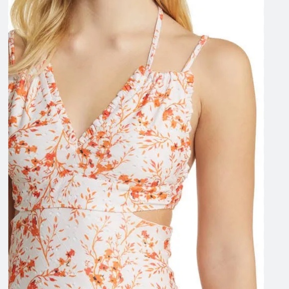 Topshop Eyelet Jersey V Neck‎ Midi Dress Floral orange Cut Out 14 NWT - Picture 2 of 6